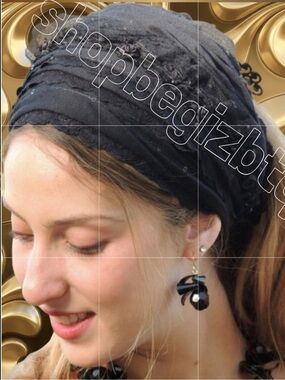 Lovely Royal Black Laces Handmade Mitpachat Head Covering-Scarf-Tichel Headband